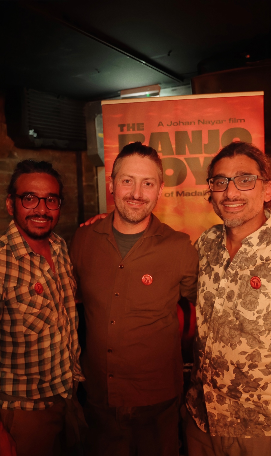 Gerry Maguire of Crystal Palace Trust with Johan Nayar and Neil Nayar at The Madalitso Experience at the Troubadour, London — Gerry was the Q&A host for the discussion with the band