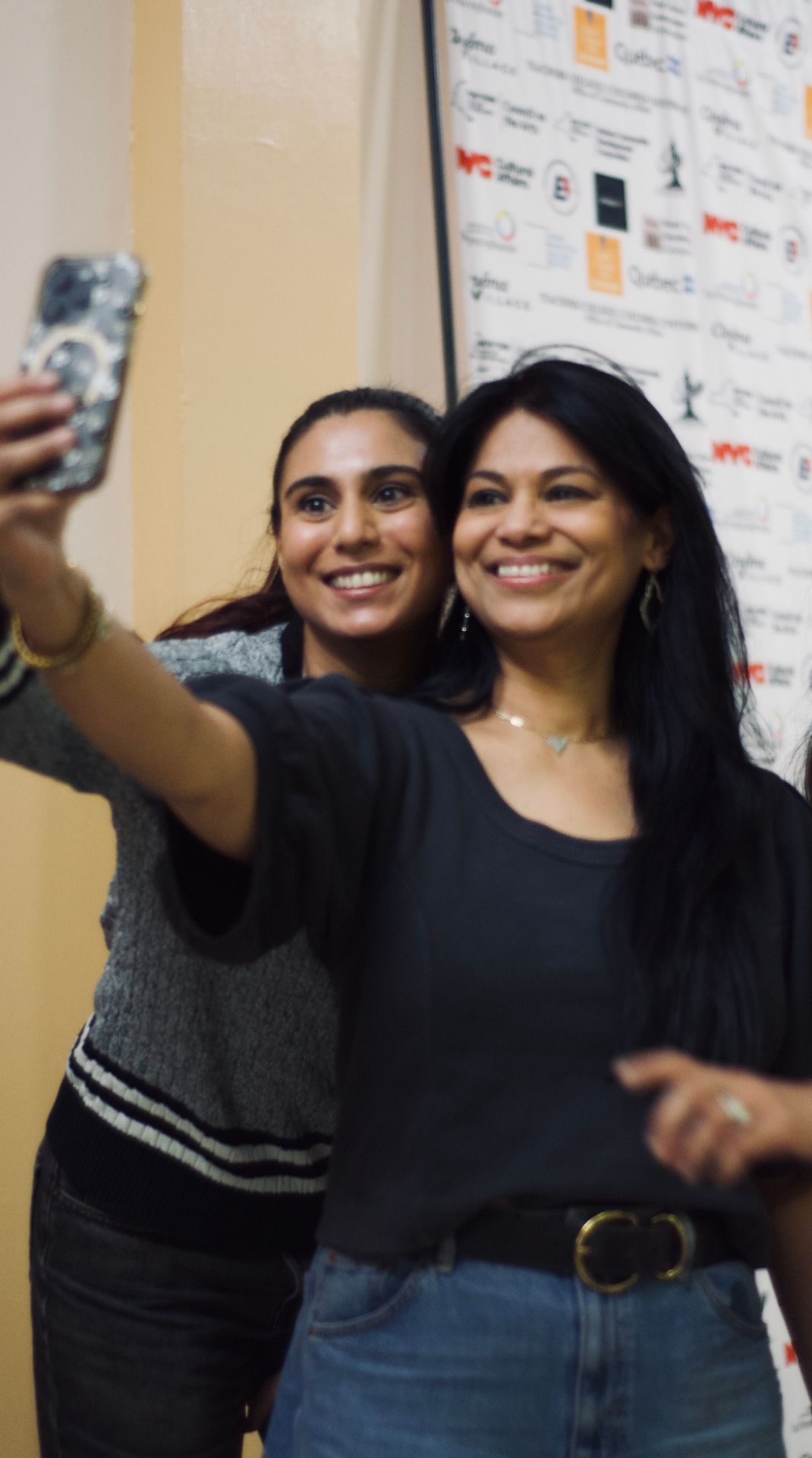 Guests taking a selfie at the ADIFF foyer reception at Columbia University: Mickey Sanchira and Kay Prashad