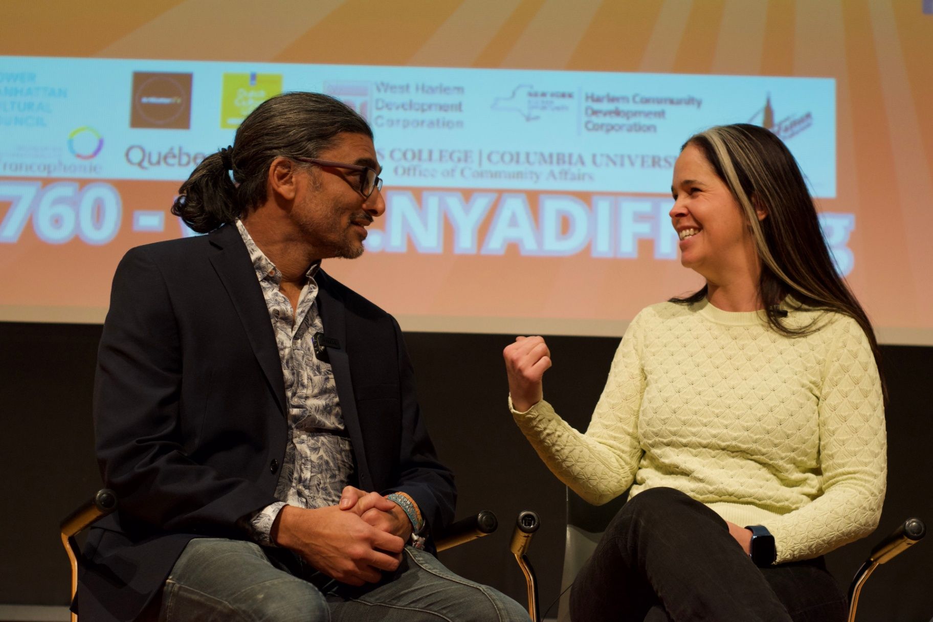 Director Johan Nayar in conversation on stage during the ADIFF Q&A at Columbia University with Rachel Smith of Rachel's English