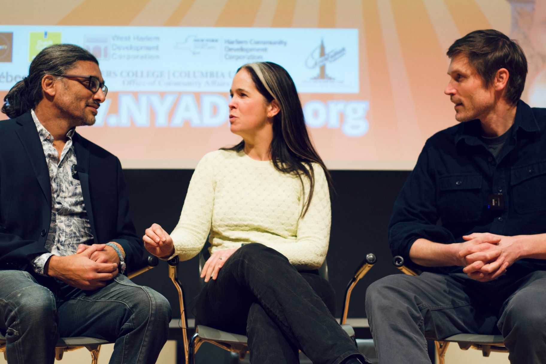 Director Johan Nayar in conversation with fellow panelists Rachel Smith and Tom Kelley (Rachel's English) during the ADIFF Q&A at Columbia University