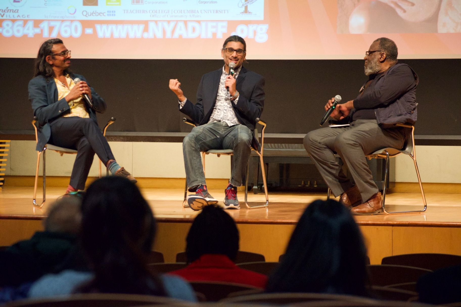 Neil Nayar and Johan Nayar on stage at the post-screening Q&A panel at ADIFF, Columbia University