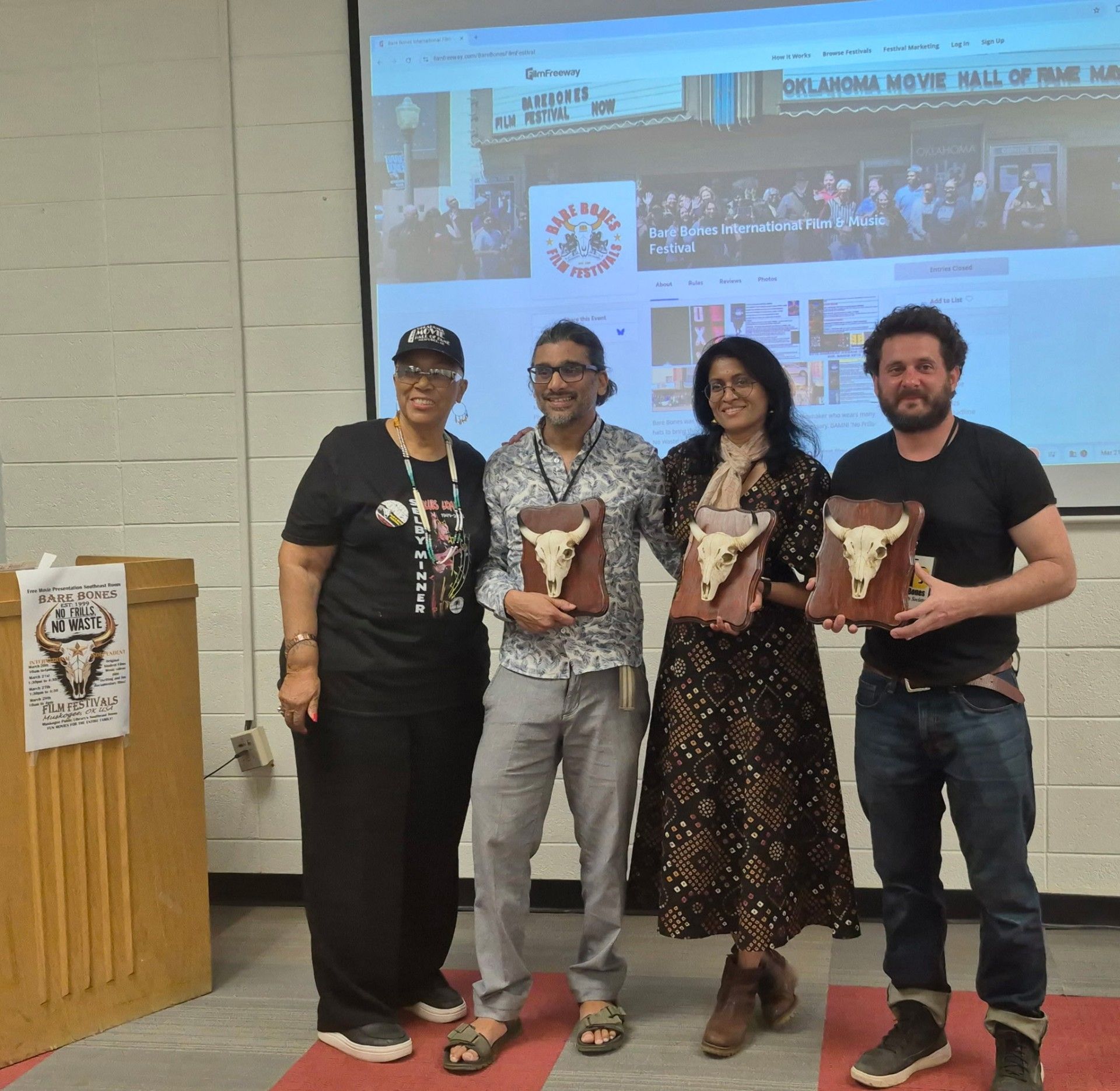 Johan Nayar with fellow award winners Chithra Jeyaram and Lisandro Boccacci at the Bare Bones Film Festival 2026, presented by Shiron Butterfly
