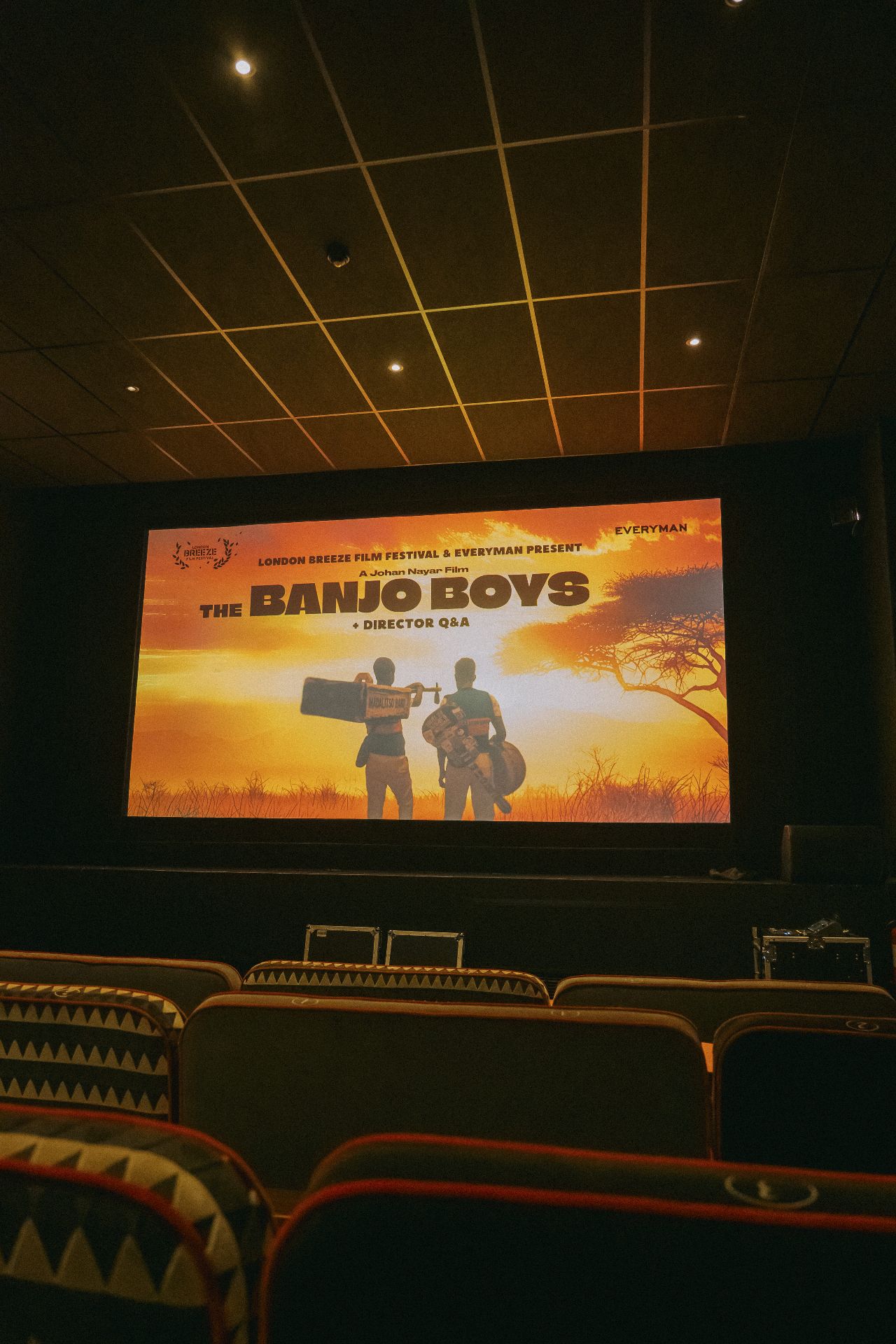 The Banjo Boys + Director Q&A title card on the Everyman cinema screen in Bristol