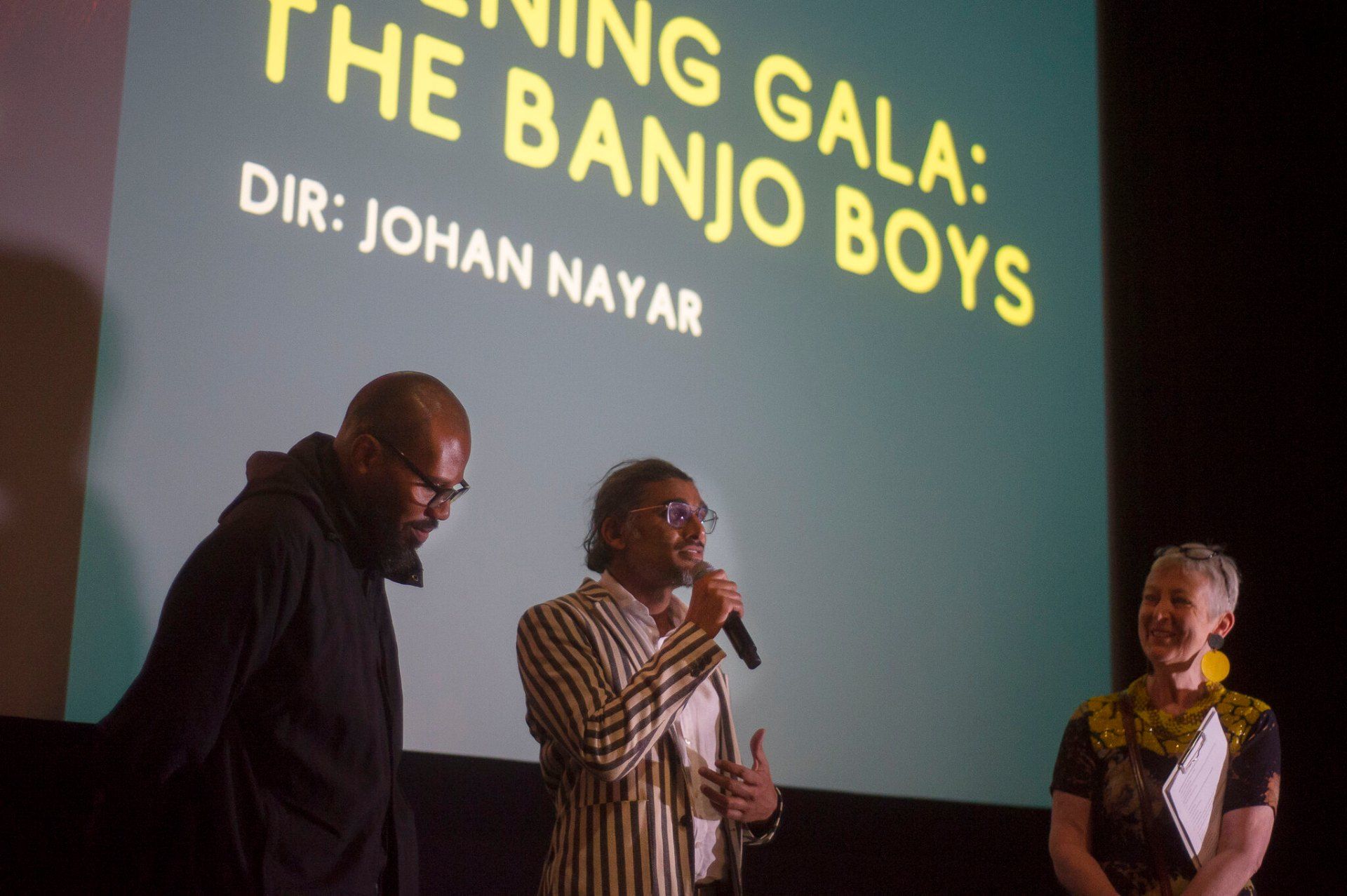 Johan Nayar with executive producer Emmanuel Anyiam-Osigwe and Madeleine Casey at a London Breeze event ahead of the premiere