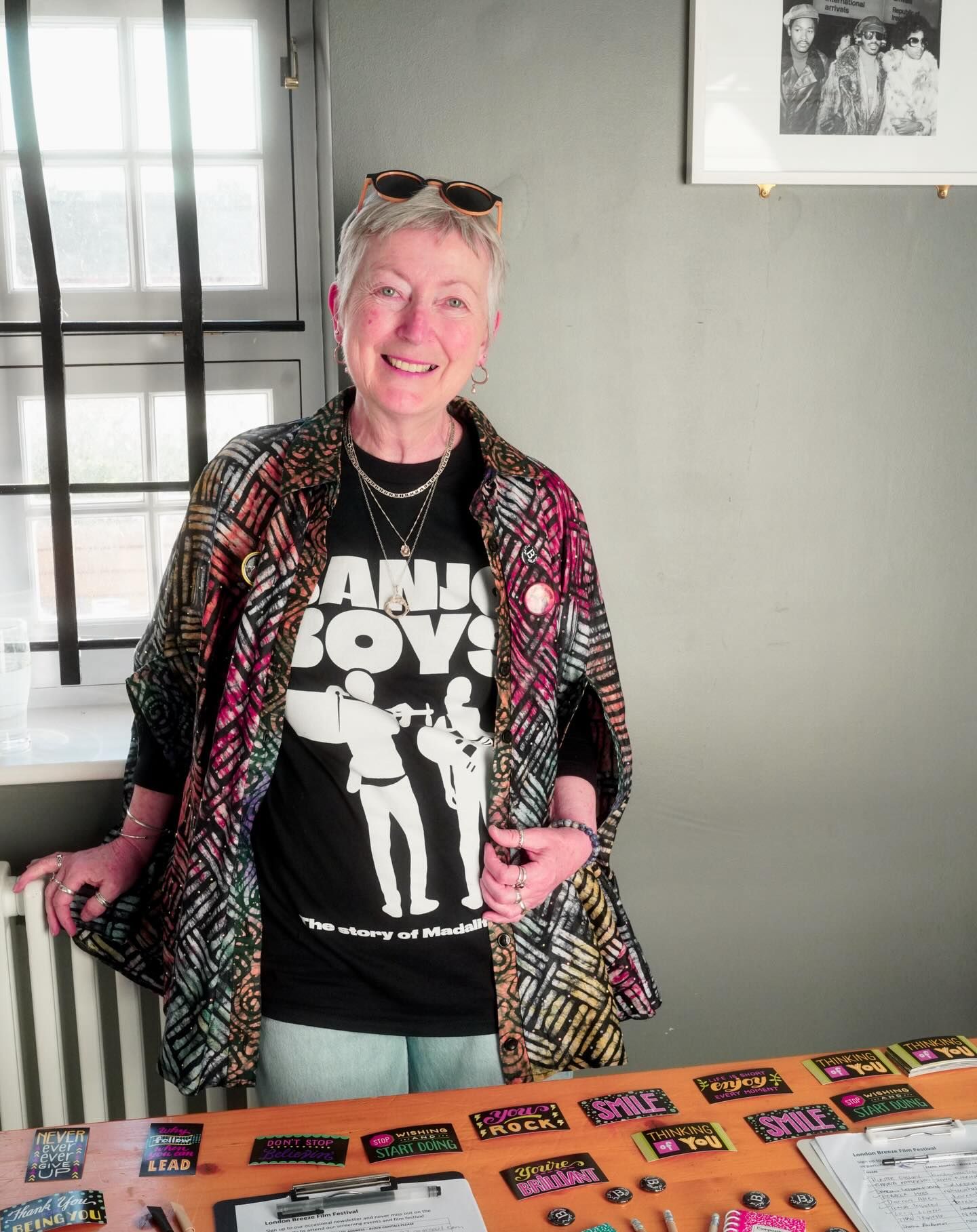 Madeleine Casey with her Banjo Boys t-shirt at the London Breeze Film Festival merch table