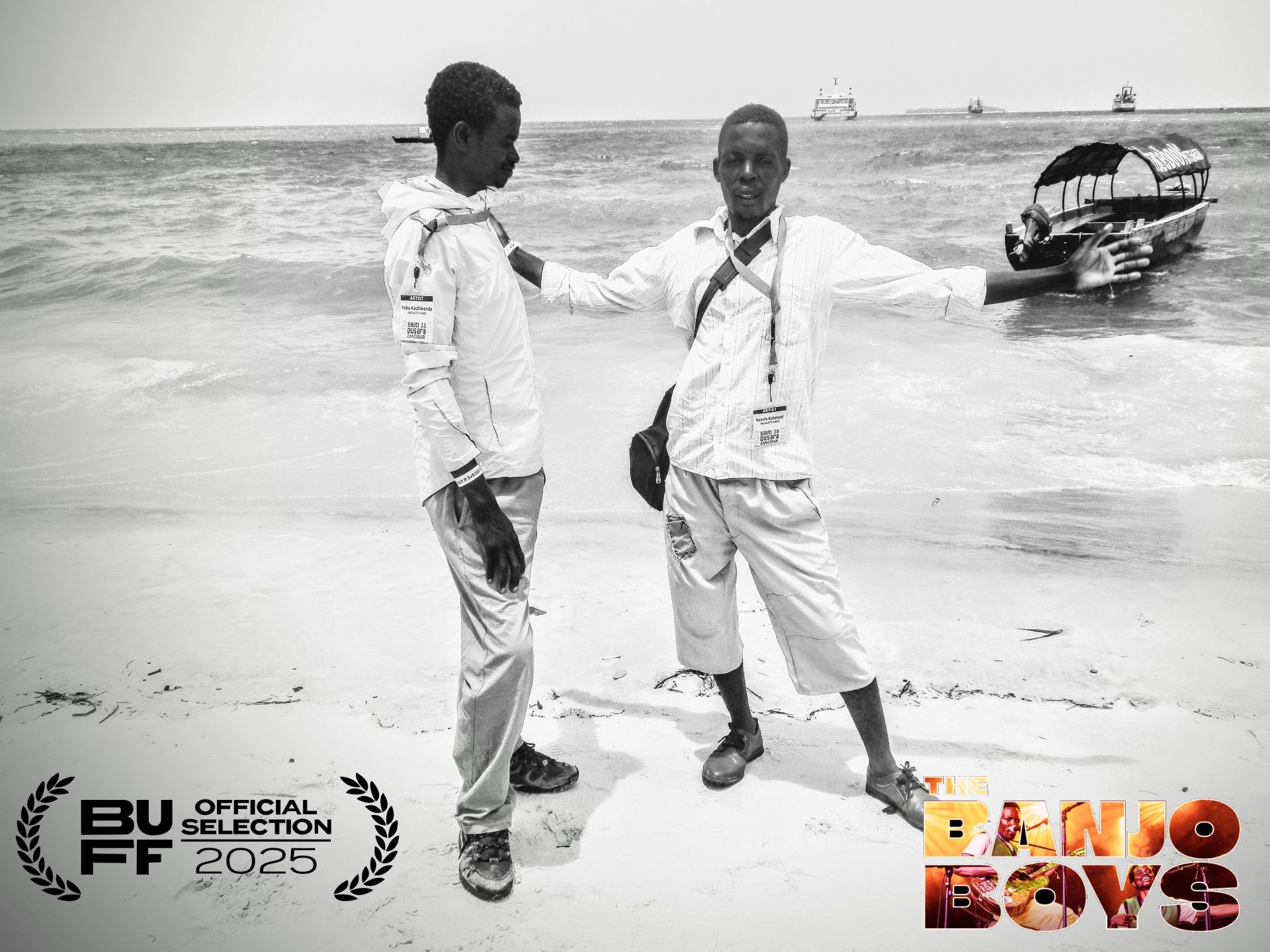 BUFF 2025 Official Selection laurel — The Banjo Boys, featuring Yobu Kachiwanda and Yosefe Kalekeni on the beach in Zanzibar