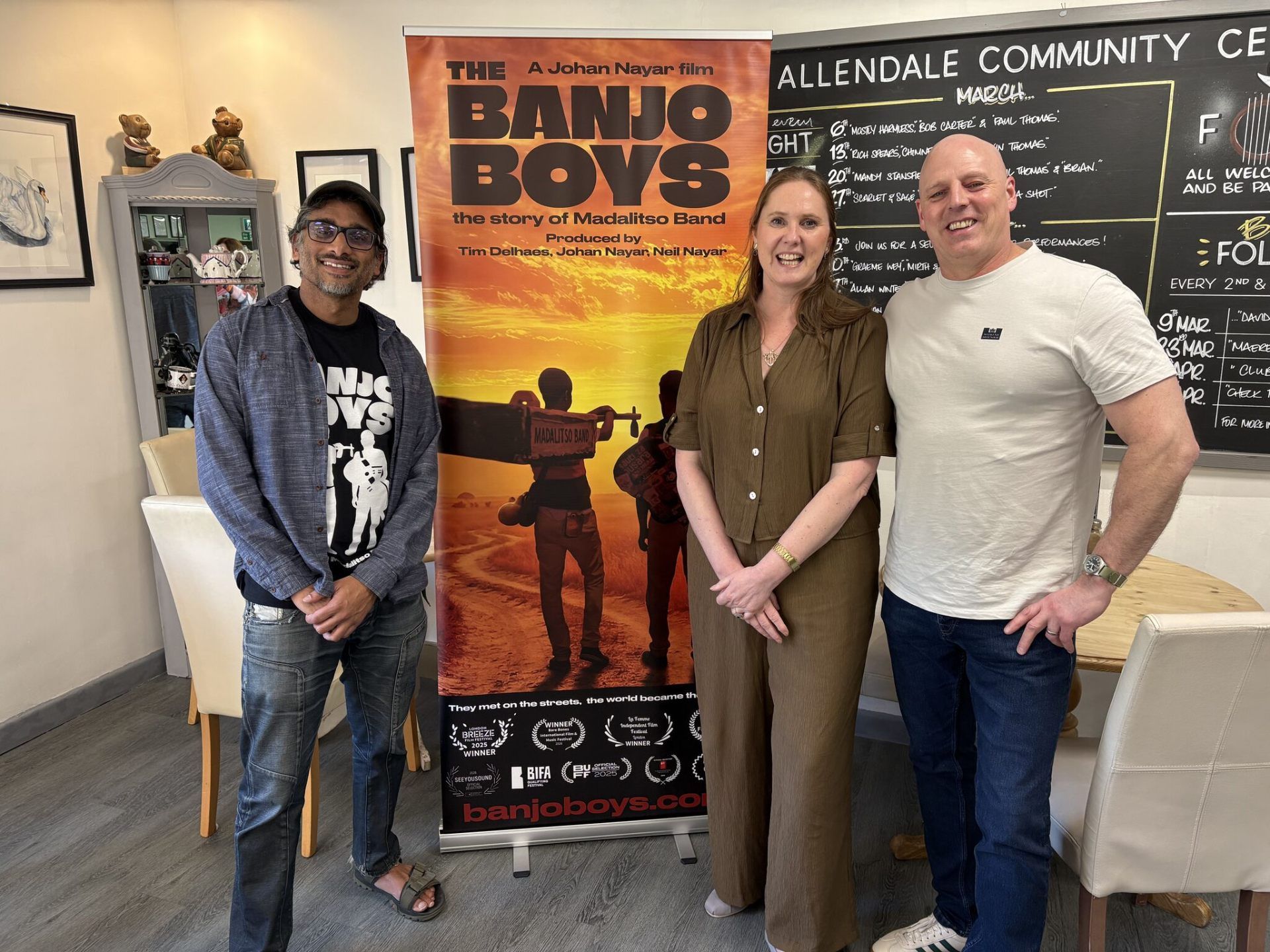 Johan Nayar with Claire and Jock Main at the FES Film Festival, Wimborne — the biggest screening of the festival