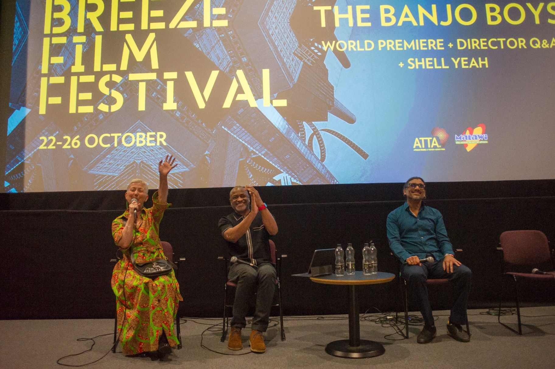 Madeleine Casey, host Simon London and director Johan Nayar on stage during the world premiere Q&A at London Breeze Film Festival — 22 Oct 2025
