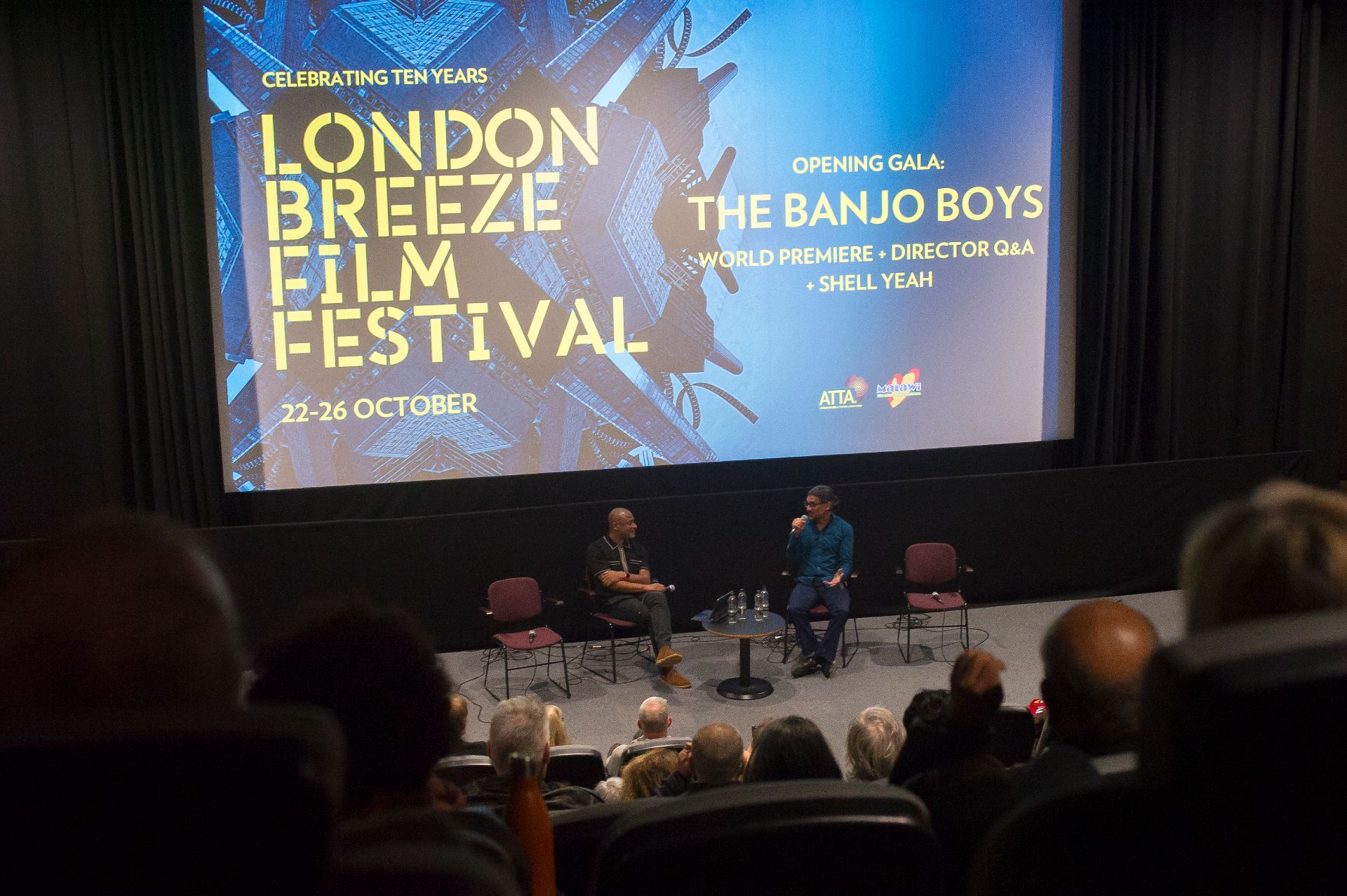 View from the audience of the world premiere Q&A on stage at London Breeze Film Festival — 22 Oct 2025