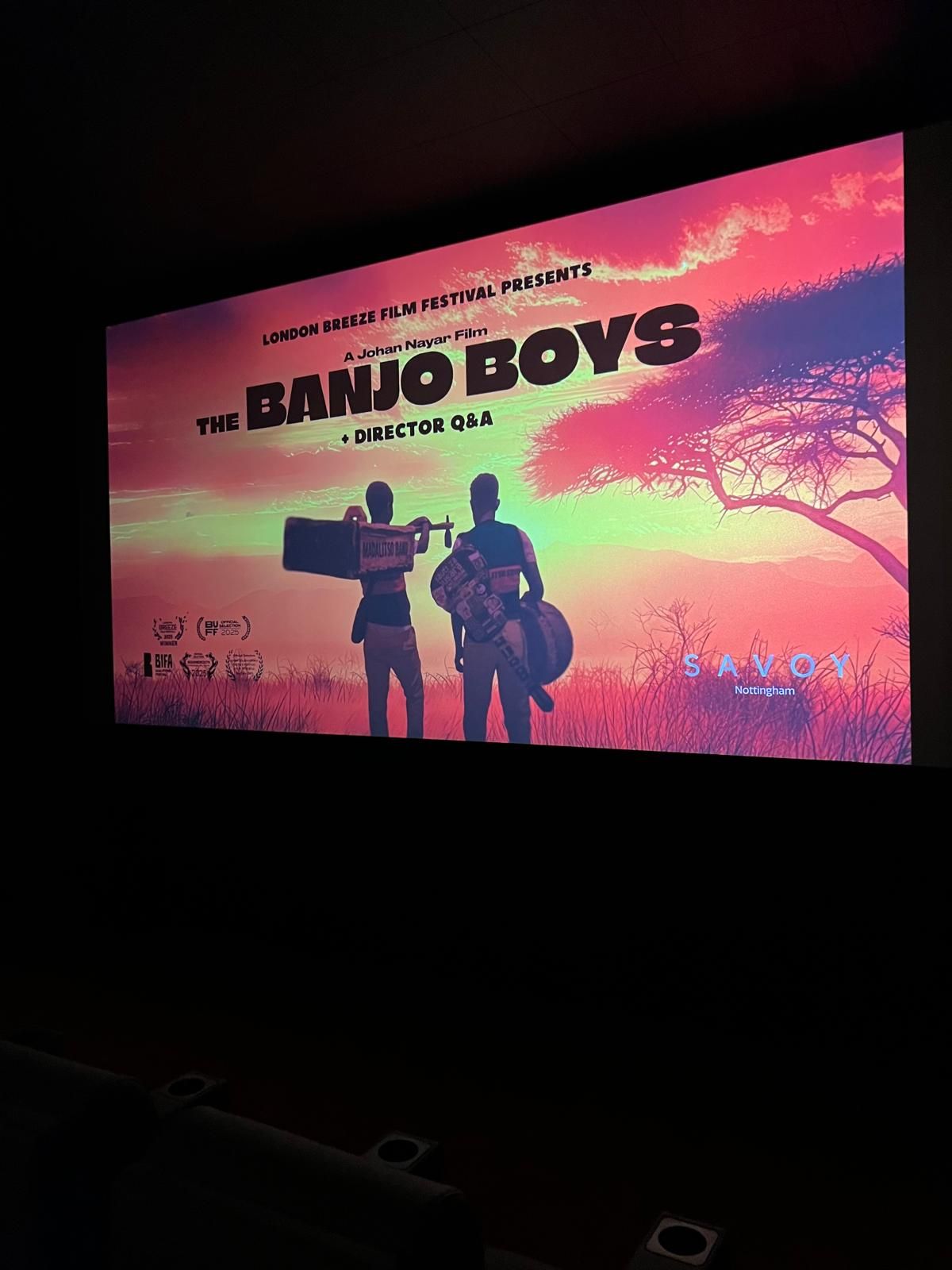 The Banjo Boys + Director Q&A title card on screen at Savoy Cinema, Nottingham