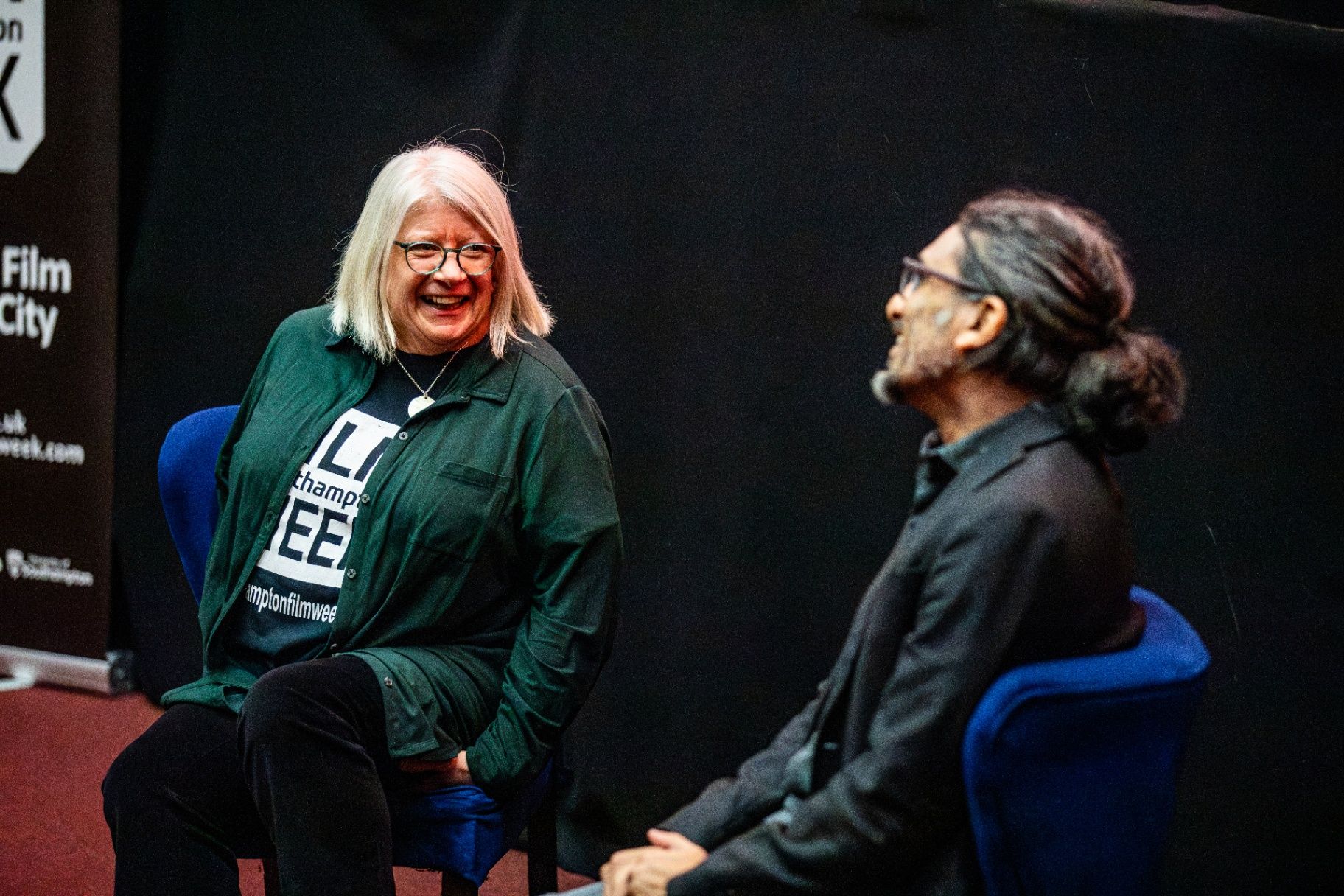 Susan Beckett and Director Johan Nayar sharing a laugh during the Banjo Boys Q&A at Southampton Film Week