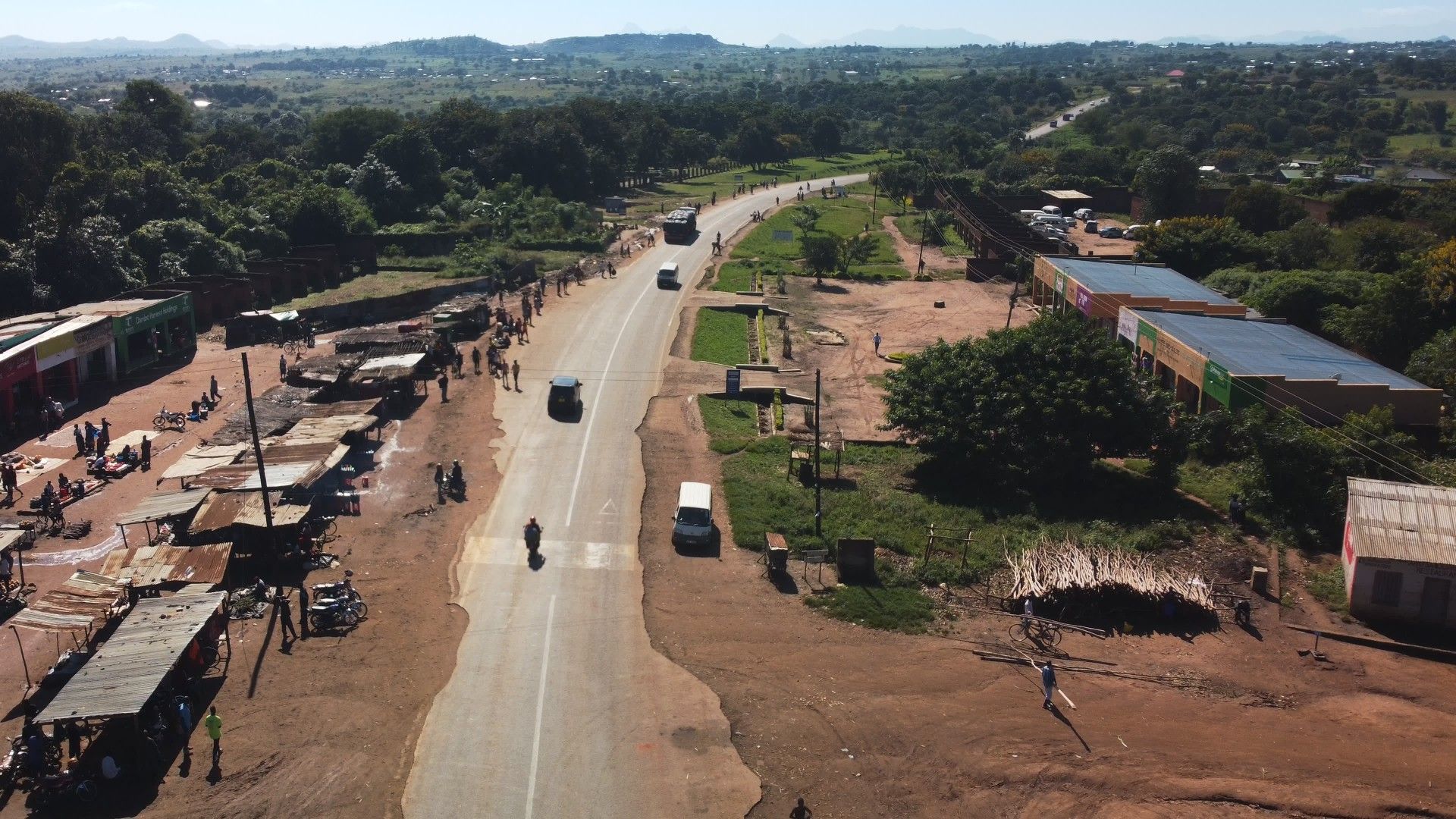 Aerial drone shot over the road to Dedza, where Yosefe comes from
